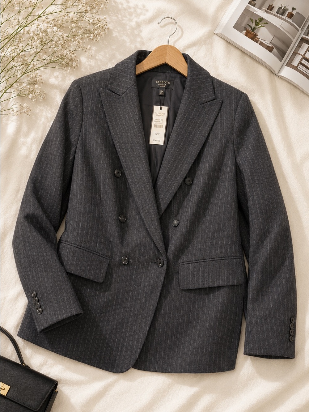 Talbots NWT Charcoal Pinstripe Blazer Womens 12W Double Breasted Work